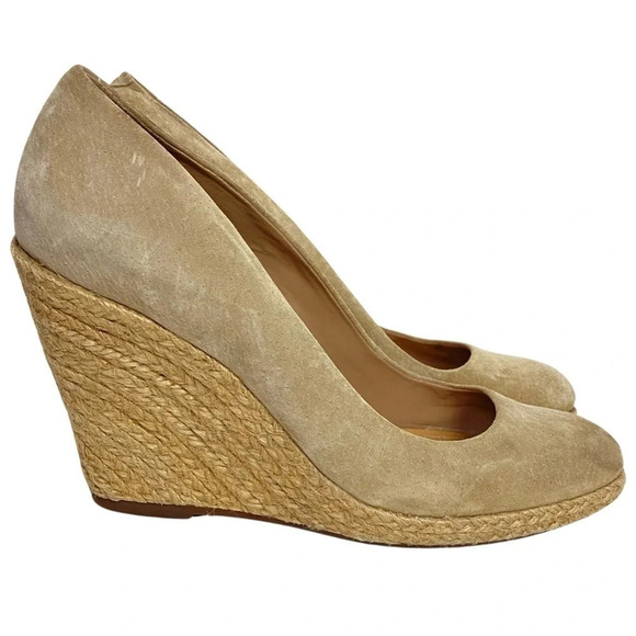 Schutz Espadrille Wedges Shoes Womens 6.5 Nude Tan Neutral Suede Heels Round Toe - Picture 2 of 9